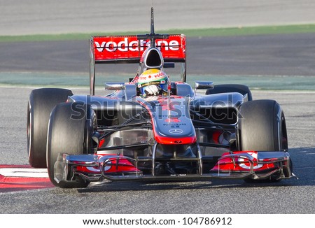 BARCELONA - FEBRUARY 21: Lewis Hamilton of McLaren F1 team racing at Formula One Teams Test Days at Catalunya circuit on February 21, 2012 in Barcelona, Spain.
