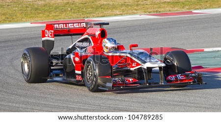 BARCELONA - FEBRUARY 21: Charles Pic of Marussia F1 team racing at Formula One Teams Test Days at Catalunya circuit on February 21, 2012 in Barcelona, Spain.