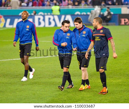 BARCELONA, SPAIN - JANUARY 8: Players of Barcelona warms up before the Spanish league match between RCD Espanyol and FC Barcelona, final score 1-1, on January 8, 2012, in Barcelona, Spain.