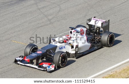 BARCELONA - FEBRUARY 24: Kamui Kobayashi of Sauber F1 team racing at Formula One Teams Test Days at Catalunya circuit on February 24, 2012 in Barcelona, Spain.