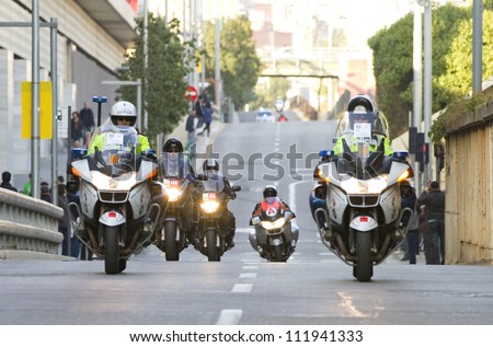 BARCELONA, SPAIN - MARCH 24: Police motorbike at Volta a Catalunya cycling race, on March 24, 2012, in Barcelona, Spain.