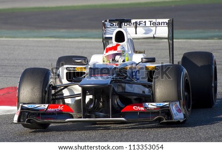 BARCELONA - FEBRUARY 21: Sergio Checo Perez of Sauber F1 team racing at Formula One Teams Test Days at Catalunya circuit on February 21, 2012 in Barcelona, Spain.
