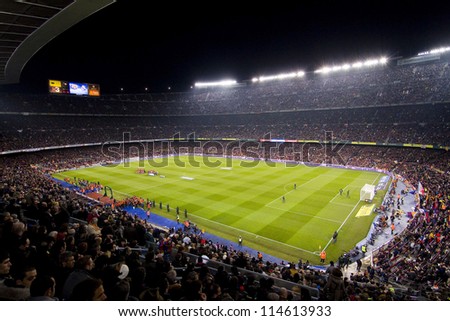 BARCELONA JANUARY 25 View of Camp Nou stadium during Spanish Cup match between FC Barcelona and Real Madrid final score 2 2 on January 25 2012 in Barcelona Spain BARCELONA JANUARY 25 View of Camp Nou stadium during Spanish Cup match between FC Barcelona and Real Madrid final score 2 2 on January 25 2012 in Barcelona Spain