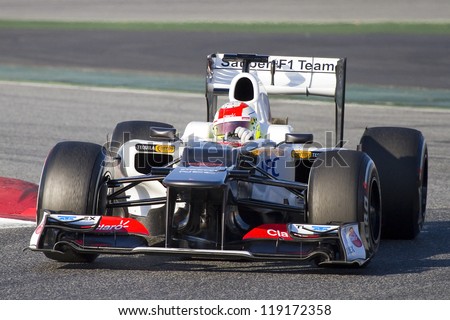 BARCELONA - FEBRUARY 21: Sergio Checo Perez of Sauber F1 team racing at Formula One Teams Test Days at Catalunya circuit on February 21, 2012 in Barcelona, Spain.