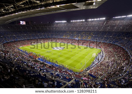 BARCELONA SEPTEMBER 13 Panoramic view of Camp Nou stadium before the Champions League match between FC Barcelona and AC Milan final score 2 2 on September 13 2011 in Barcelona Spain BARCELONA SEPTEMBER 13 Panoramic view of Camp Nou stadium before the Champions League match between FC Barcelona and AC Milan final score 2 2 on September 13 2011 in Barcelona Spain