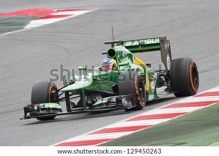 BARCELONA - FEBRUARY 19: Charles Pic racing with his new Caterham CT03 at Formula One Teams Test Days at Catalunya circuit on February 19, 2013 in Montmelo, Barcelona, Spain.