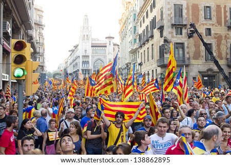 BARCELONA, SPAIN - SEPTEMBER 11: Up to a million people converge on Barcelona to join a rally demanding independence for Catalonia, on September 11, 2012, in Barcelona, Spain.