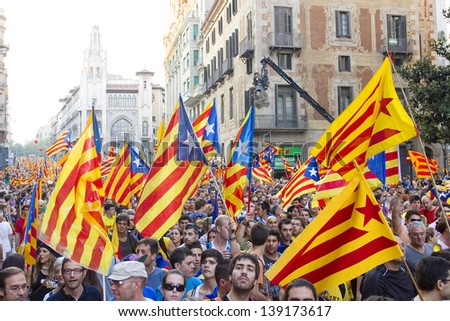 BARCELONA, SPAIN - SEPTEMBER 11: Up to a million people converge in Barcelona to join a rally demanding independence for Catalonia, on September 11, 2012, in Barcelona, Spain.