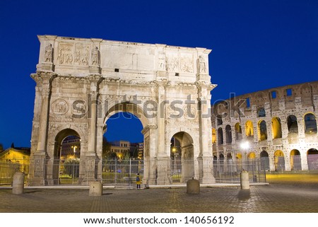 Arch of Constantine or Arco di Costantino, a triumphal arch in Rome. It was erected by the Roman Senate to commemorate Constantine I\'s victory over Maxentius at the Battle of Milvian Bridge on 312.
