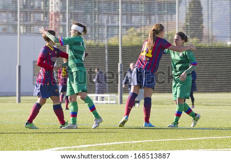 BARCELONA - DECEMBER 21: Players fair play after the Superliga - Women\'s Football Spanish League - match between FC Barcelona and Levante UD, 1-0, on December 21, 2013, in Barcelona, Spain.