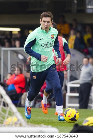 BARCELONA, SPAIN - JANUARY 3: Lionel Messi in action at FC Barcelona team in open doors training session at Mini Estadi stadium, with 13,200 spectators, on January 3, 2014, in Barcelona, Spain.