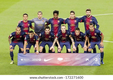 BARCELONA - APRIL 6: FCB players posing for photos at Spanish league match between FC Barcelona and RDC Mallorca, final score 5-0, on April 6, 2013, in Barcelona, Spain.