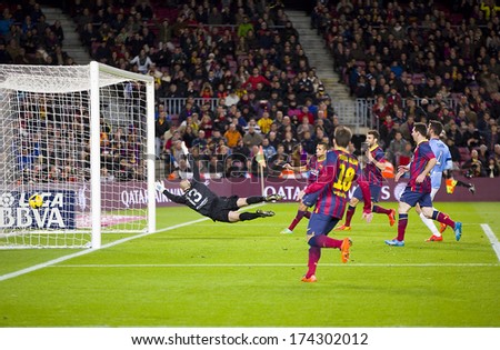 Barcelona - January 26: Alexis Sanchez Scores A Goal At Spanish League Match Between Fc Barcelona And Malaga Cf, Final Score 3-0, On January 26, 2014, In Barcelona, Spain.
