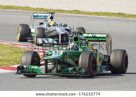 BARCELONA - MARCH 2: Giedo van der Garde racing with his new Caterham CT03 at Formula One Teams Test Days at Catalunya circuit on March 2, 2013 in Montmelo, Barcelona, Spain.