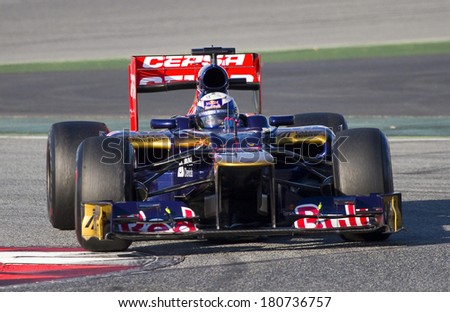 BARCELONA - FEBRUARY 21: Daniel Ricciardo of Toro Rosso F1 team racing at Formula One Teams Test Days at Catalunya circuit on February 21, 2012 in Barcelona, Spain.