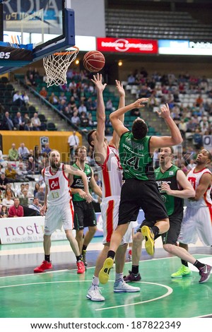 BADALONA, SPAIN - APRIL 13: Some players in action at Spanish Basketball League match between Joventut and Zaragoza, final score 82-57, on April 13, 2014, in Badalona, Spain.
