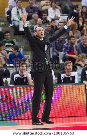 BADALONA, SPAIN - APRIL 13: Salva Maldonado, coach of Joventut, at Spanish Basketball League match between Joventut and Zaragoza, final score 82-57, on April 13, 2014, in Badalona, Spain.
