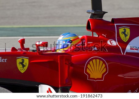 BARCELONA - FEBRUARY 21: Fernando Alonso of Ferrari F1 team racing at Formula One Teams Test Days at Catalunya circuit on February 21, 2012 in Barcelona, Spain.