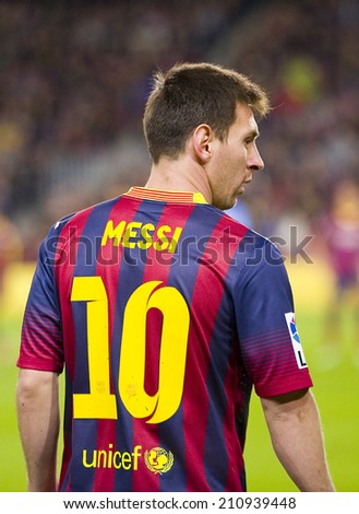 BARCELONA - JANUARY 26: Lionel Messi of FCB in action at Spanish league match between FC Barcelona and Malaga CF, final score 3-0, on January 26, 2014, in Barcelona, Spain.