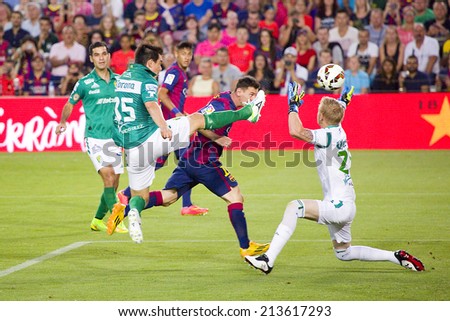 BARCELONA, SPAIN - AUGUST 18: Leo Messi of FCB (10) scores a goal at Gamper friendly match between FC Barcelona and Club Leon FC, final score 6-0, on August 18, 2014, in Camp Nou, Barcelona, Spain.