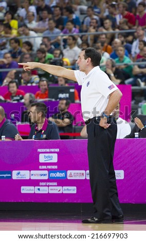BARCELONA, SPAIN - SEPTEMBER 11: Mike Krzyzewski, coach of USA, at FIBA World Cup basketball match between USA Team and Lithuania, final score 96-68, on September 11, 2014, in Barcelona, Spain.