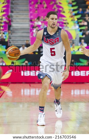 BARCELONA, SPAIN - SEPTEMBER 11: Klay Thompson of USA in action at FIBA World Cup basketball match between USA Team and Lithuania, final score 96-68, on September 11, 2014, in Barcelona, Spain.