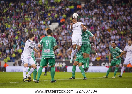 BARCELONA - OCTOBER 29: Raphael Varane of RM scores a goal at the Copa del Rey match between UE Cornella and Real Madrid, final score 1 - 4, on October 29, 2014, in Cornella, Barcelona, Spain.