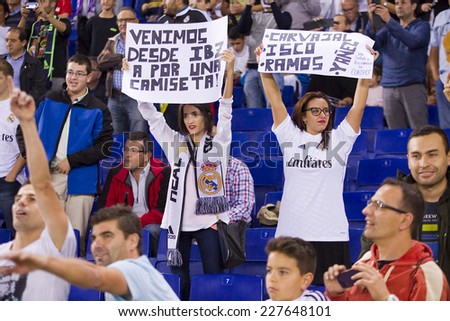 BARCELONA - OCTOBER 29: Real Madrid fans at the Copa del Rey match between UE Cornella and Real Madrid, final score 1 - 4, on October 29, 2014, in Cornella, Barcelona, Spain.