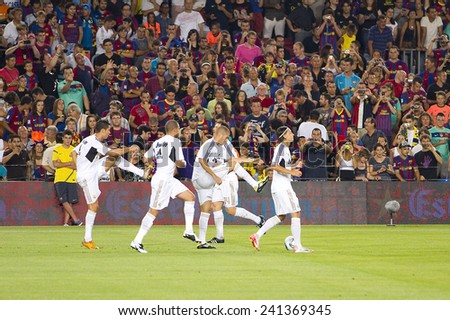 BARCELONA - AUGUST 17: Real Madrid players in action at the Spanish Super Cup final match between FC Barcelona and Real Madrid, 3 - 2, on August 17, 2011 in Camp Nou stadium, Barcelona, Spain.