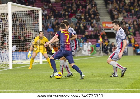 BARCELONA - JANUARY 27: David Villa of FCB (7) in action at the Spanish League match between FC Barcelona and Osasuna, final score 5 - 1, on January 27, 2013, in Barcelona, Spain.
