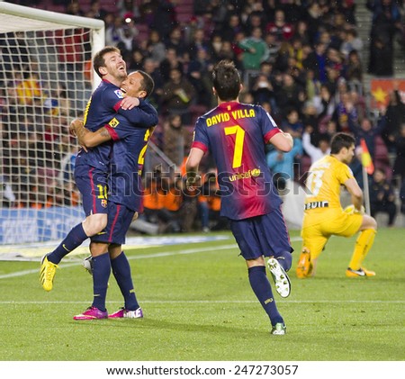 BARCELONA - JANUARY 27: Leo Messi and other players celebrating a goal at the Spanish League match between FC Barcelona and Osasuna, final score 5 - 1, on January 27, 2013, in Barcelona, Spain.