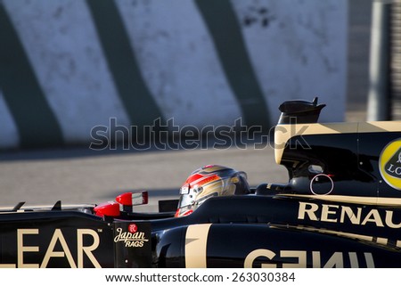 BARCELONA - FEBRUARY 21: Romain Grosjean of Lotus F1 team racing at Formula One Teams Test Days at Catalunya circuit on February 21, 2012 in Barcelona, Spain.