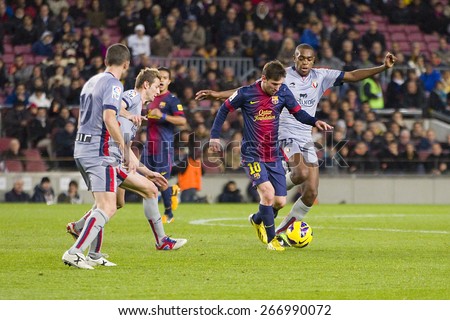 BARCELONA, SPAIN - JANUARY 27: Lionel Messi (10) of FCB in action at the Spanish League match between FC Barcelona and Osasuna, final score 5 - 1, on January 27, 2013, in Barcelona, Spain.