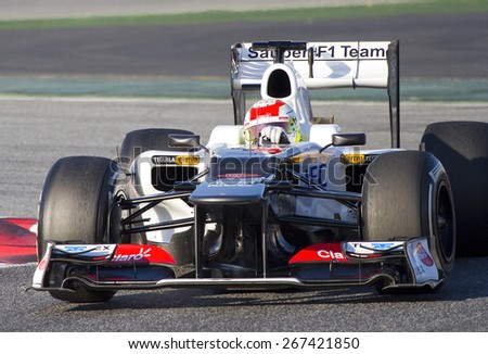 BARCELONA, SPAIN - FEBRUARY 21: Sergio Checo Perez of Sauber F1 team racing at Formula One Teams Test Days at Catalunya circuit on February 21, 2012 in Barcelona, Spain.