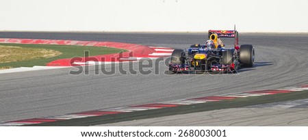 BARCELONA, SPAIN - FEBRUARY 21: Sebastian Vettel of Red Bull F1 team racing at Formula One Teams Test Days at Catalunya circuit on February 21, 2012 in Barcelona, Spain.