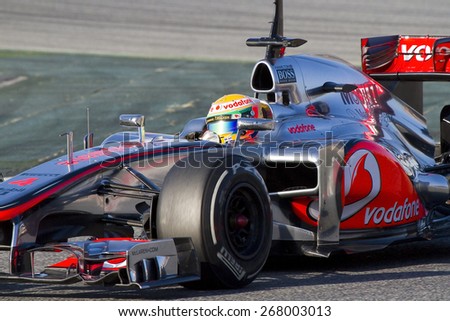 BARCELONA, SPAIN - FEBRUARY 21: Lewis Hamilton of McLaren F1 team racing at Formula One Teams Test Days at Catalunya circuit on February 21, 2012 in Barcelona, Spain.