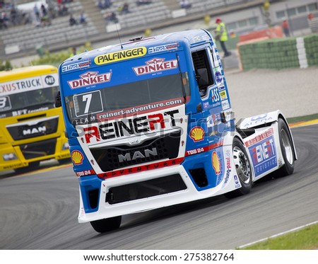 VALENCIA, SPAIN - APRIL 25: European Truck Racing Championship. Rene Reinert of MAN team compete at Ricardo Tormo circuit, on April 25, 2015, in Cheste, Valencia, Spain. Jochen Hahn wins the race.