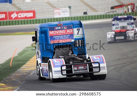 VALENCIA, SPAIN - APRIL 25: European Truck Racing Championship. Rene Reinert of MAN team compete at Ricardo Tormo circuit, on April 25, 2015, in Cheste, Valencia, Spain. Jochen Hahn wins the race.