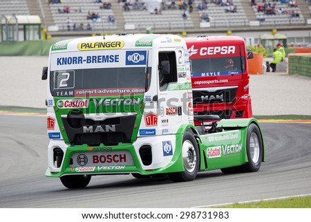VALENCIA, SPAIN - APRIL 25: European Truck Racing Championship. Jochen Hahn of MAN team compete at Ricardo Tormo circuit, on April 25, 2015, in Cheste, Valencia, Spain. He wins the race.