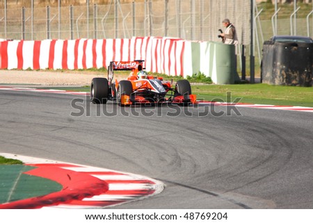 BARCELONA - FEBRUARY 28: Di Grassi (Virgin) tests his new car during Formula One Teams Test Days at Catalunya circuit February 28, 2010 in Barcelona.
