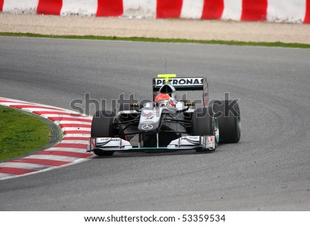 BARCELONA - FEBRUARY 28: Michael Schumacher (Mercedes) tests his car during Formula One Teams Test Days at Catalunya circuit February 28, 2010 in Barcelona.