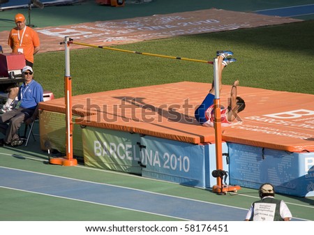 BARCELONA - JULY 28: European Athletics Championships Barcelona 2010. Decathlon  High Jump. In the picture, the winner, Romain Barras (France). July 28, 2010 in Barcelona (Spain).