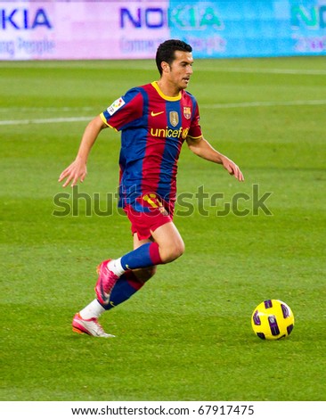BARCELONA - DECEMBER 13: Nou Camp stadium, Spanish Soccer League: FC Barcelona - Real Sociedad, 5 - 0. In the picture, Pedro Rodriguez in action. December 13, 2010 in Barcelona (Spain).