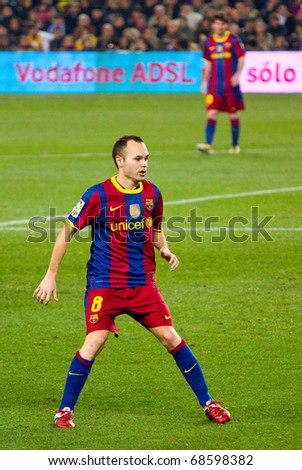 BARCELONA - DECEMBER 13: Nou Camp stadium, Spanish Soccer League match: FC Barcelona - Real Sociedad, 5 - 0. In the picture, Andres Iniesta in action. December 13, 2010 in Barcelona (Spain).