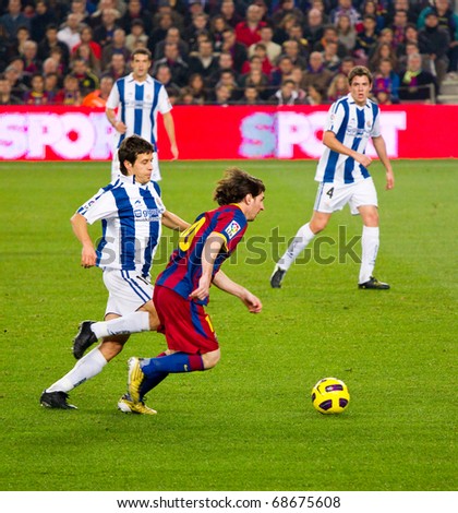 BARCELONA - DECEMBER 13: Nou Camp stadium, Spanish Soccer League match: FC Barcelona - Real Sociedad, 5 - 0. In the picture, Leo Messi in action. December 13, 2010 in Barcelona (Spain).