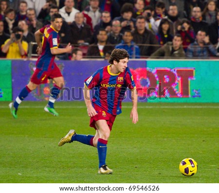 BARCELONA - JANUARY 12: Nou Camp football stadium, soccer Spanish Cup: FC Barcelona - Real Betis, 5 - 0. In the picture, Leo Messi in action. January 12, 2011 in Barcelona (Spain).