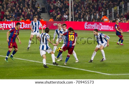 BARCELONA - DECEMBER 13: Nou Camp stadium, Spanish Soccer League match: FC Barcelona - Real Sociedad, 5 - 0. In the picture, Leo Messi (10) in action. December 13, 2010 in Barcelona (Spain).