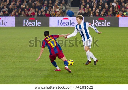 BARCELONA - DECEMBER 13: Pedro Rodriguez (17) in action during the Spanish League match between FC Barcelona and Real Sociedad, 5 - 0. December 13, 2010 in Barcelona (Spain).