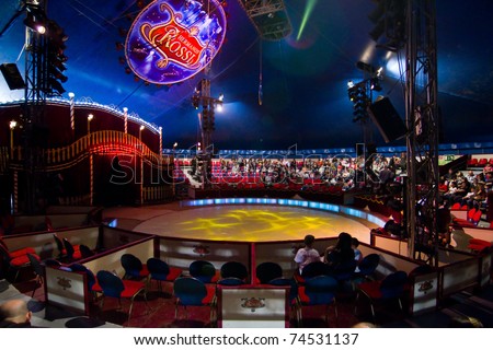 BARCELONA - APRIL 1: People and general view of the circus Italiano, ready to start the spectacle Somnis (Dreams) on april 1, 2011, in Santa Coloma de Gramanet (Barcelona, Spain).