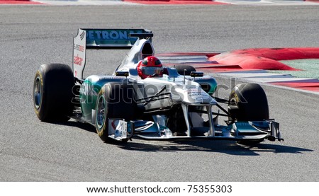 BARCELONA - FEBRUARY 18: Michael Schumacher (Mercedes) tests his new F1 car during Formula One Teams Test Days at Catalunya circuit on February 18, 2011 in Barcelona, Spain.